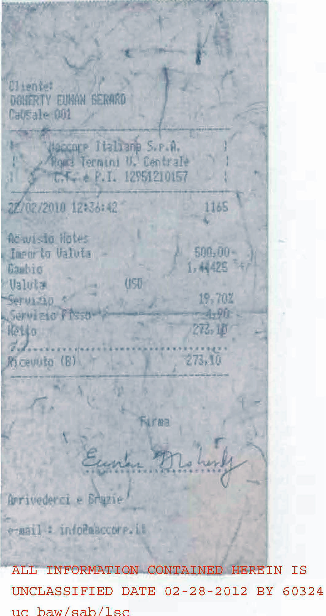 Eunan Gerard Doherty's Receipt (Rome, Italy) (Transit Document Alias) Photo 1