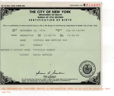 Fraudulent Birth Certificate of Cynthia Ann Hopkins
