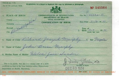 Fraudulent Birth Certificate of Richard Joseph Murphy