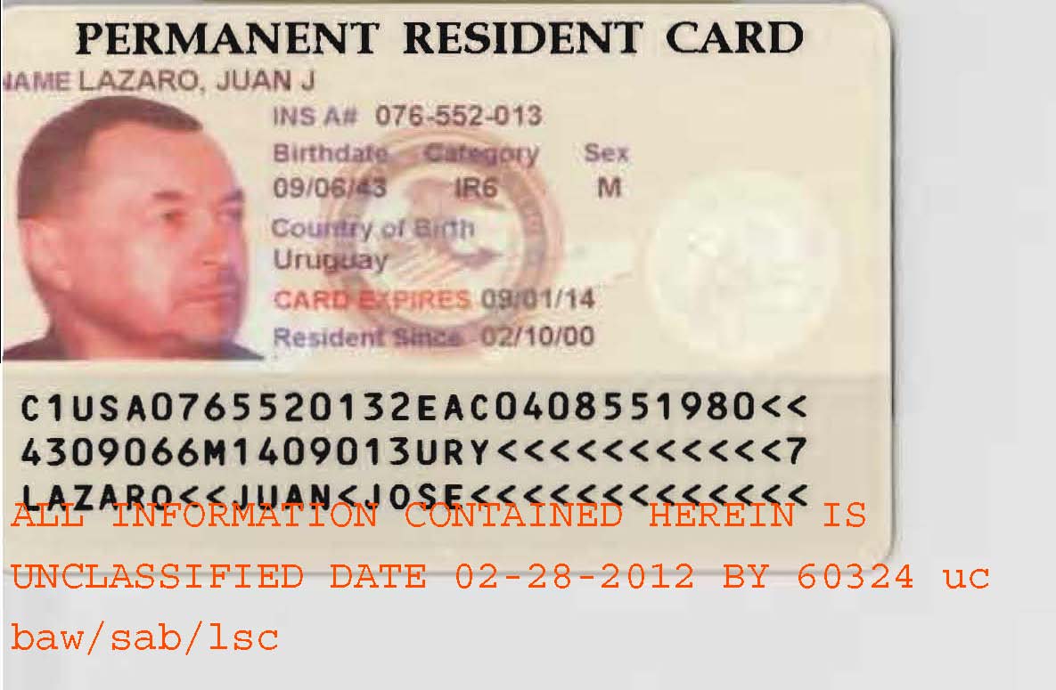 Fbi Records The Vault — Juan Lazaros Permanent Resident Card Photo 1