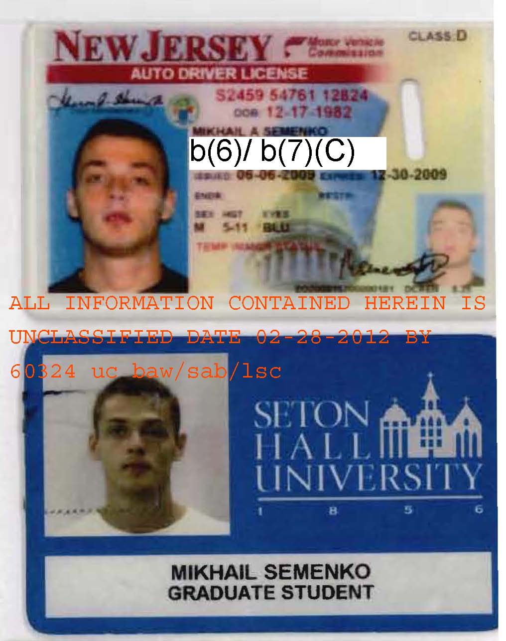 Mikhail Semenko's New Jersey Driver's License and Seton Hall ID Card